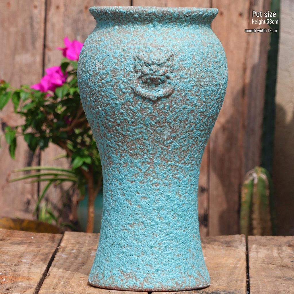 Retro White Coarse Pottery Jar - Large Bougainvillea Bamboo Turtle Back Flower Pot