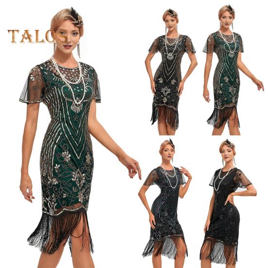 Ballkleid für Damen im Vintage-Stil, mit hohler Spitze, Quaste und Pailletten-Dekor, durchsichtig, runder Halsausschnitt, kurze Ärmel, schmale Passform, Reißverschluss auf der Rückseite, Cocktailparty