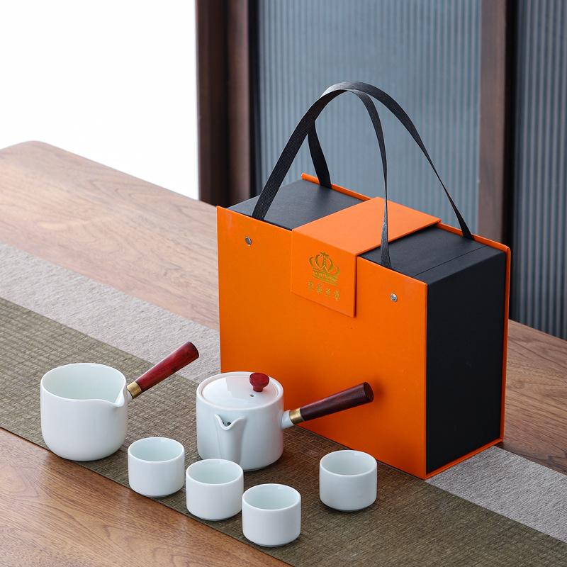 Suet jade white porcelain side handle pot tea set gift box gift business gift