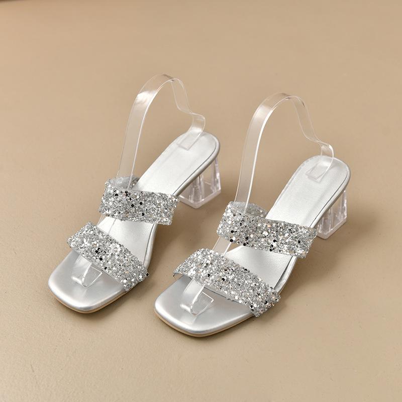 

2025 summer new rhinestone crystal heel square head word belt wear European and American high-heeled cool slippers anklet 40 серебряный