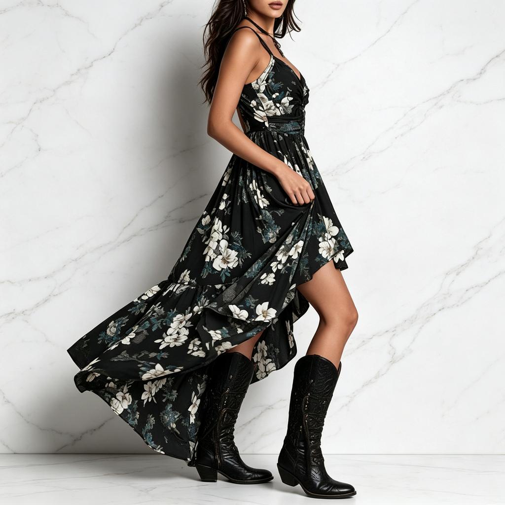 2026 new European and American style printing suspender dress women's V-neck waist high split long dress fashion vacation dress