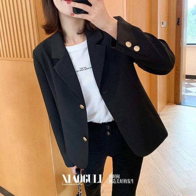 Blazer Casual Lento Primavera per Donna Revers Bottone Dorato Manica Lunga Cappotto Completo