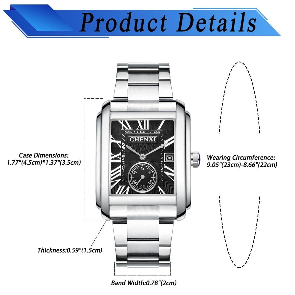 JewelryWe Men's Square Quartz Watch 3ATM Water Resistant Stainless Steel Band Roman Numerals Analog Calendar Casual Stylish Silver Gift for Boyfriend