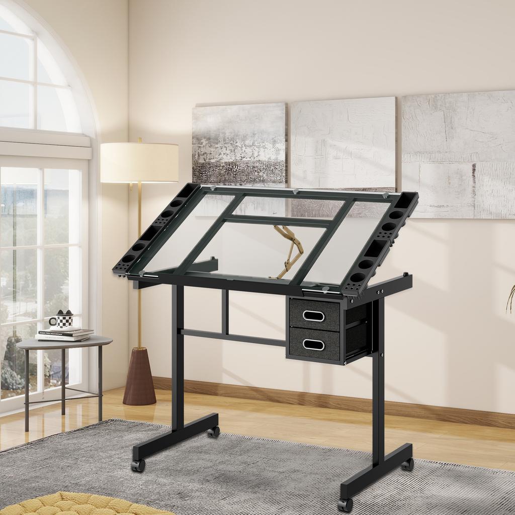 Scrivania da Disegno Artistico Regolabile Stazione per Hobby e Disegno Tecnico con 2 Cassetti in Tessuto e 4 Ruote (nero)