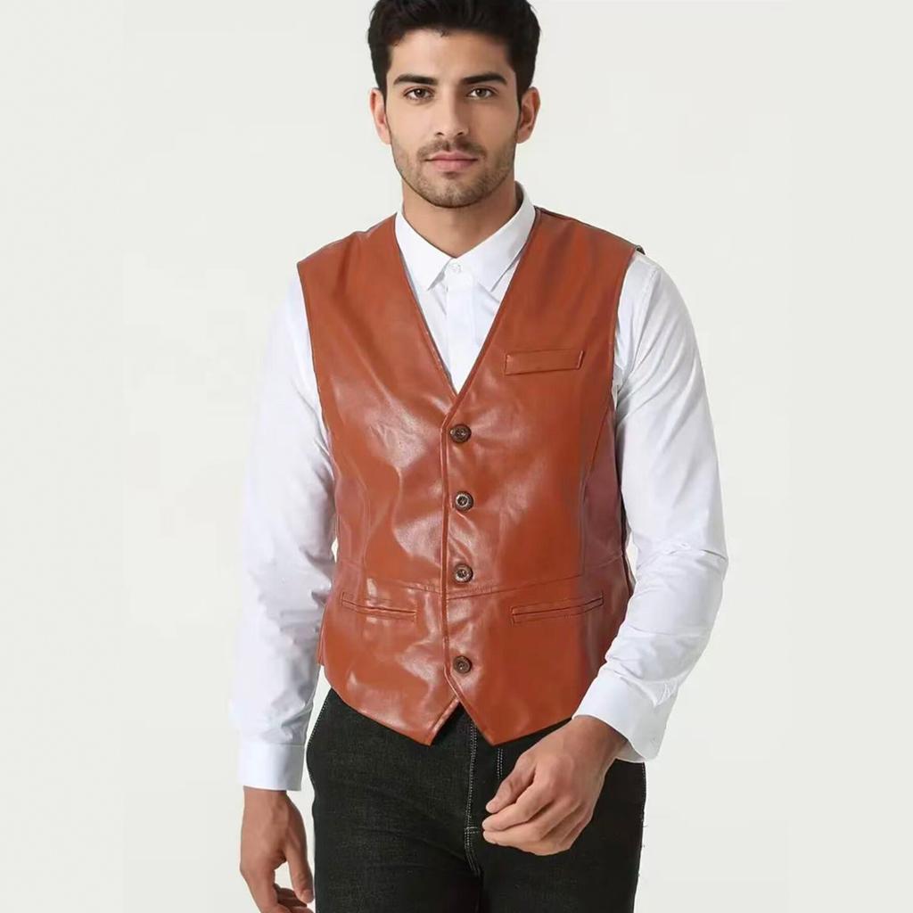 Men's PU Leather Vest V-Neck Single-breasted Slim-fit Casual Leather Vest Fashion Trend Men's Jacket
