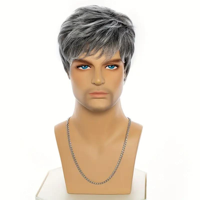 Men’s Grey Short Straight Synthetic Wig, Realistic Hairline, Heat-Resistant Adjustable Cap for Daily, Party & Casual Occasions with Natural Look