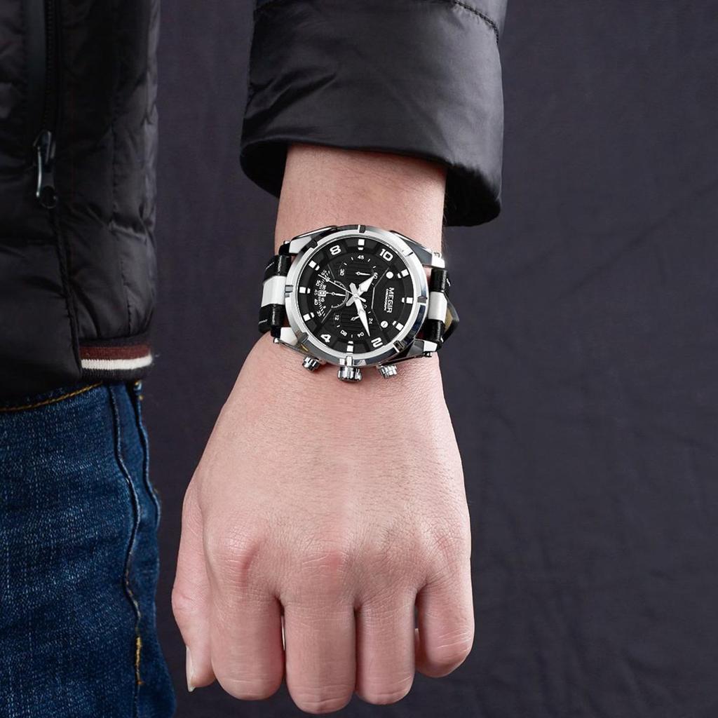 Megir Outdoor Sports Quartz Watches Men Top Luxury Brand Chronograph Leather Waterproof Wristwatches