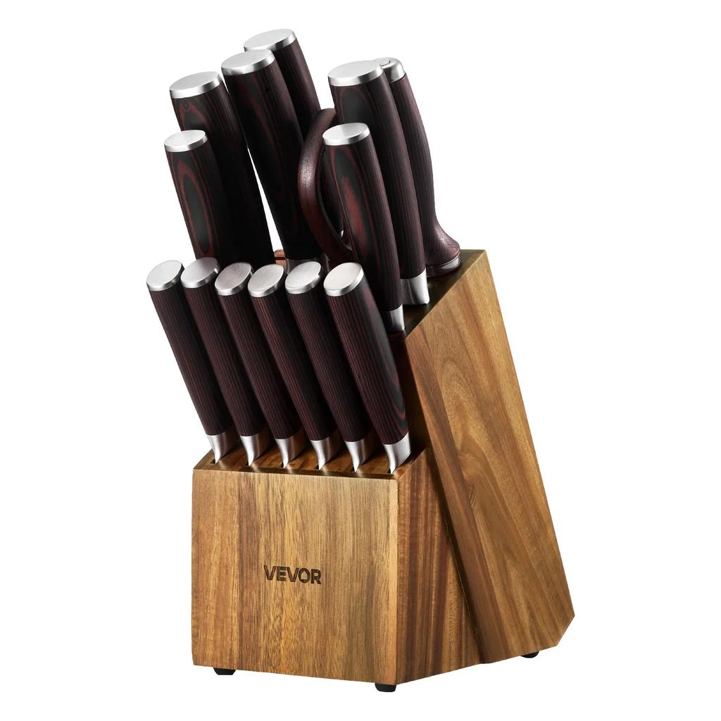 VEVOR Küchenmesser-Set mit Block und Schärfer, 15-teiliges Messer-Set aus hochkohlenstoffhaltigem Edelstahl