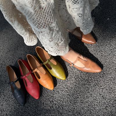 Pointed Toe Buckle Strap Soft Soled Flat Shoes Casual Solid Color Genuine Leather Women's Shoes