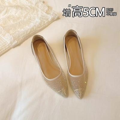 Temperament Pointed Head Shallow Mouth Single Shoes Women's Breathable Mesh Inner Height Increase Rhinestone Soft Sole Ladyshoes