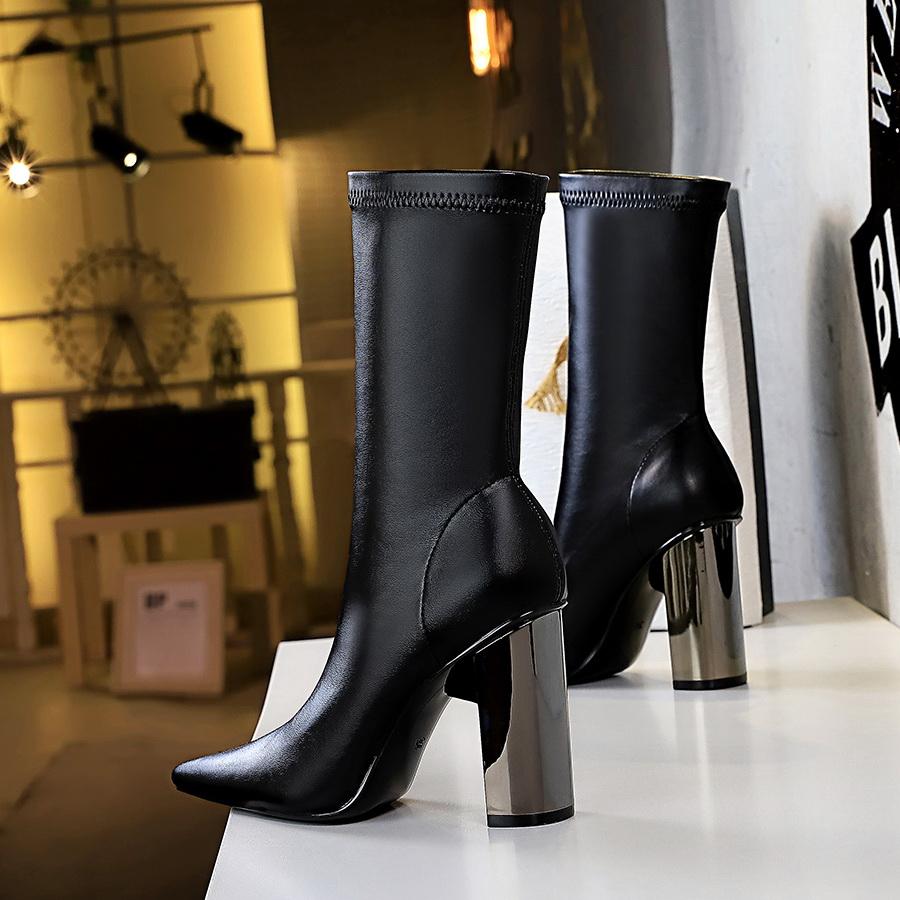 Bigtree Shoes Mid-Calf Boots Chunky Block Heels Women Boots Pointed High-Heeled Boots Lady Pu Leather Boots Autumn Winter Shoes