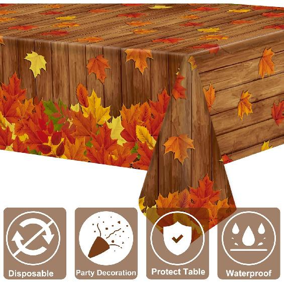 2 PCS Fall Plastic Tablecloth Disposable Maple Leaf Table Covers Thanksgiving Wood Grain Tablecloths for Autumn Harvest Party Farmhouse Table