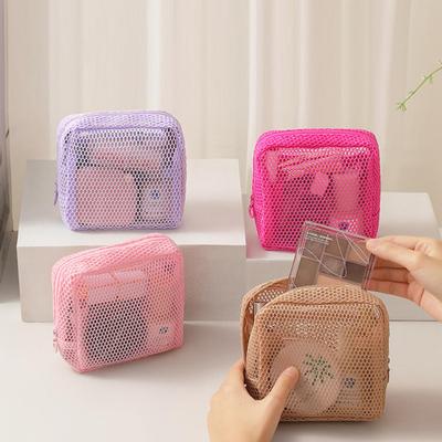 Portable Mesh Cosmetic Bag Lipstick Key Storage Pouch Candy Color Square Zipper Coin Purse Sanitary Napkin Holder Bag