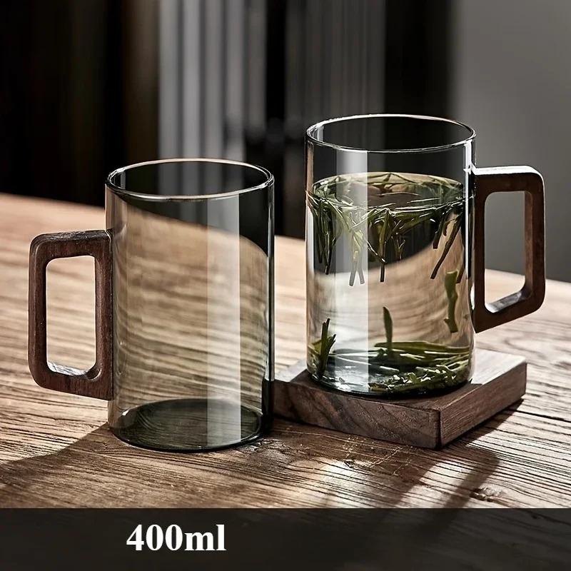 1pcs 400ml/500ml Walnut Wood Handle Glass Cup for Home and Office Use, Drinking Cup, High Temperature Resistant, Guest Water Cup
