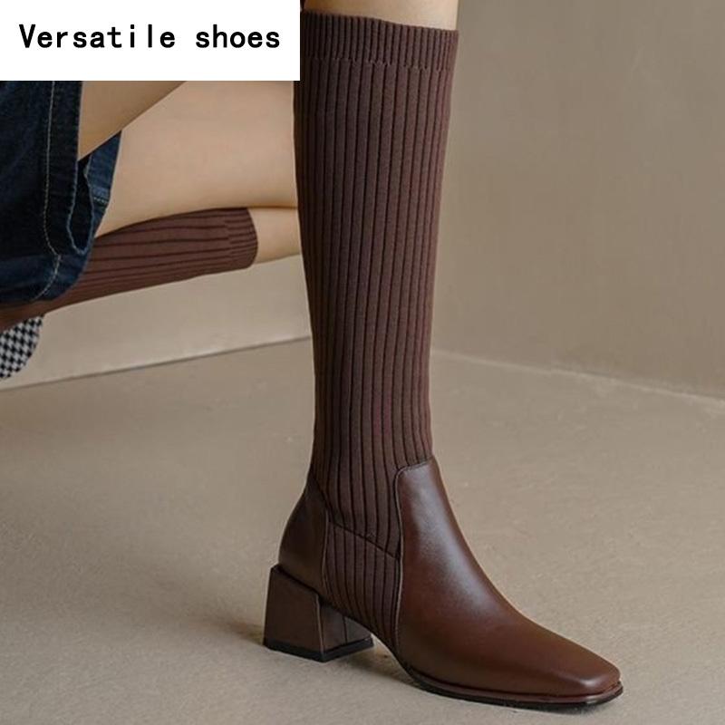 Sock Women Knee High Boots Fashion Slip On Long Booties Vintage Square Heels Ladies Shoes