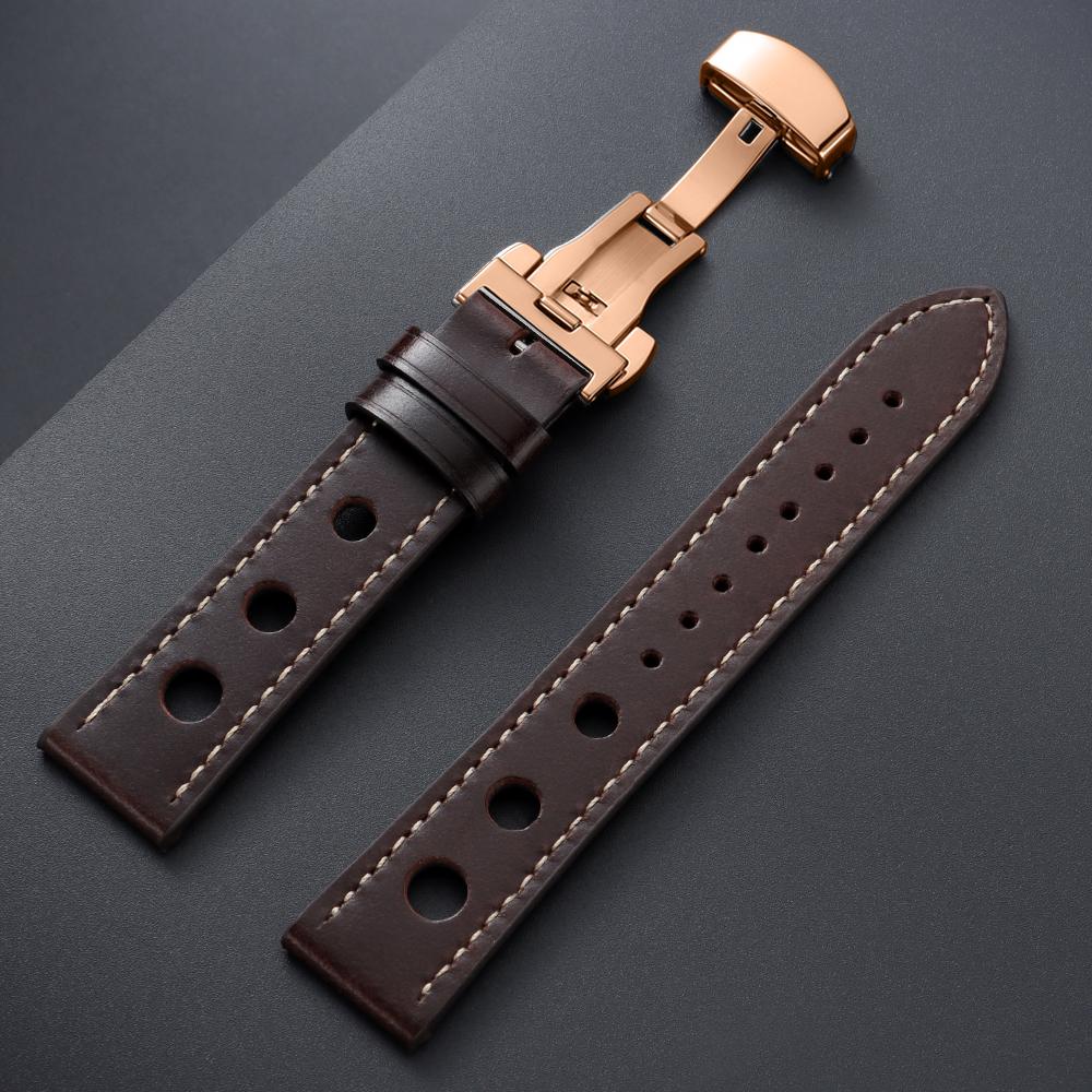 Genuine Cowhide Watchband for Omega Business Watch Band for Seiko 20mm 22mm Butterfly Buckle Stitching Brown Strap for Men Women