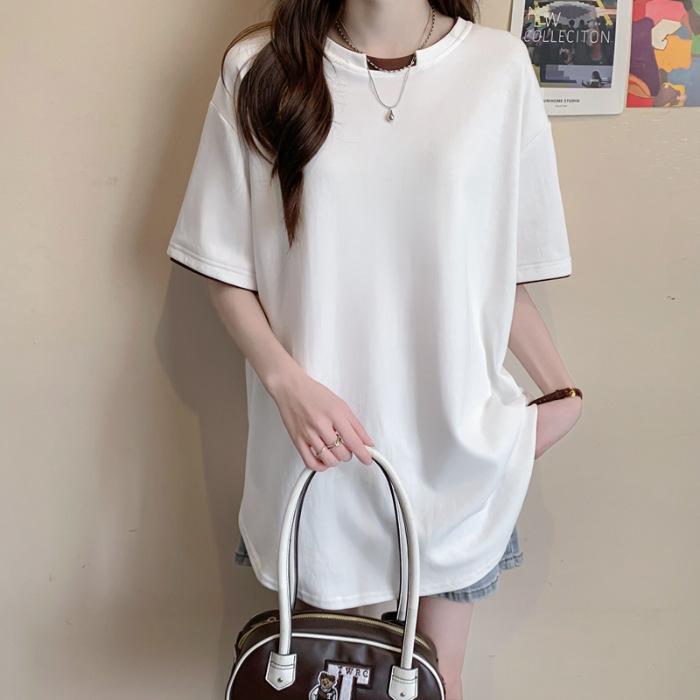 

[100% pure cotton/rear bag collar] Contrasting color splicing fake two-piece design pure cotton medium and long T-shirt women s irregular top M белый