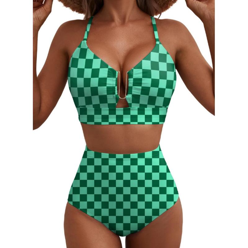 

2-Piece High Waist, Bikini Set Floral Print Swimsuit Cross Back Swim XXL зелений колір плед