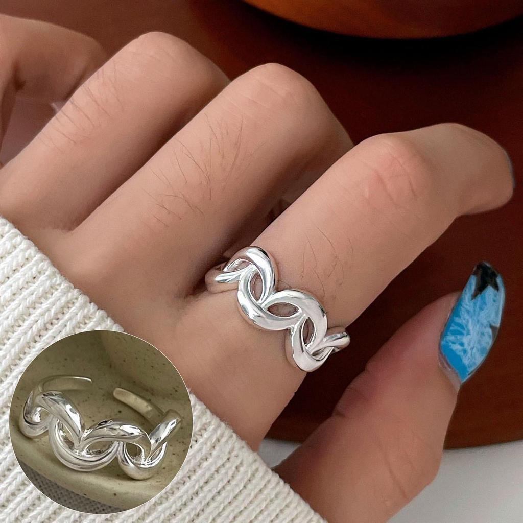 S925 Silver-Plated Geometric Wave Ring: Retro, Wide-Rimmed, Open Design for Women