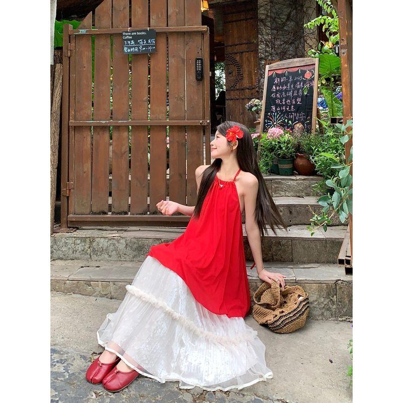 Kumikumi Gentle Sweet Girl Set Red Hanging Neck Cami Women Clothes Summer Mesh Skirt Two-piece Set