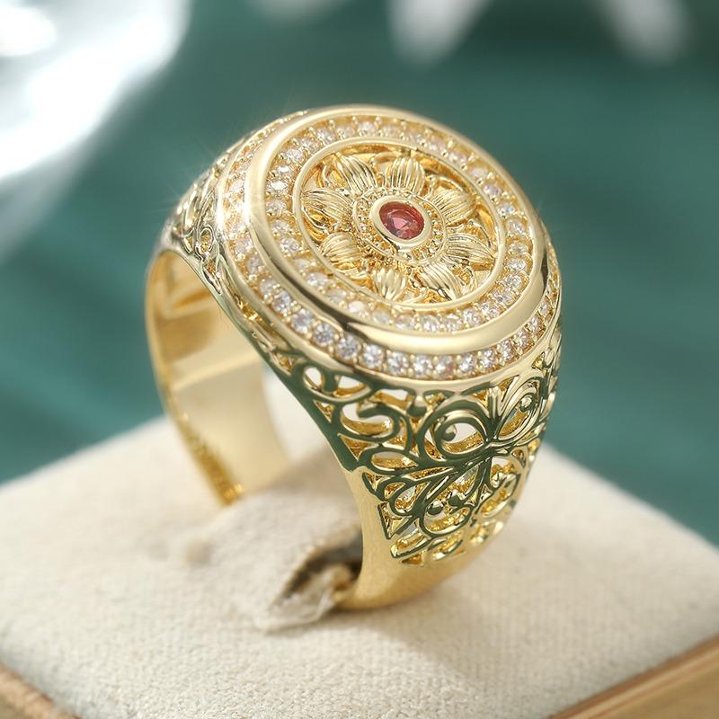Vintage Inlaid Red White CZ Women's Ring Trendy Gold Color Hand Carving Daily Wear Party Jewelry Anniversary Gift