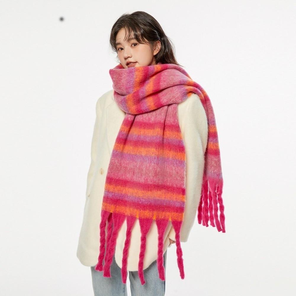 Rainbow Stripe Wool Scarf Tassel Long Shawl Classic Winter Cashmere Scarves Women