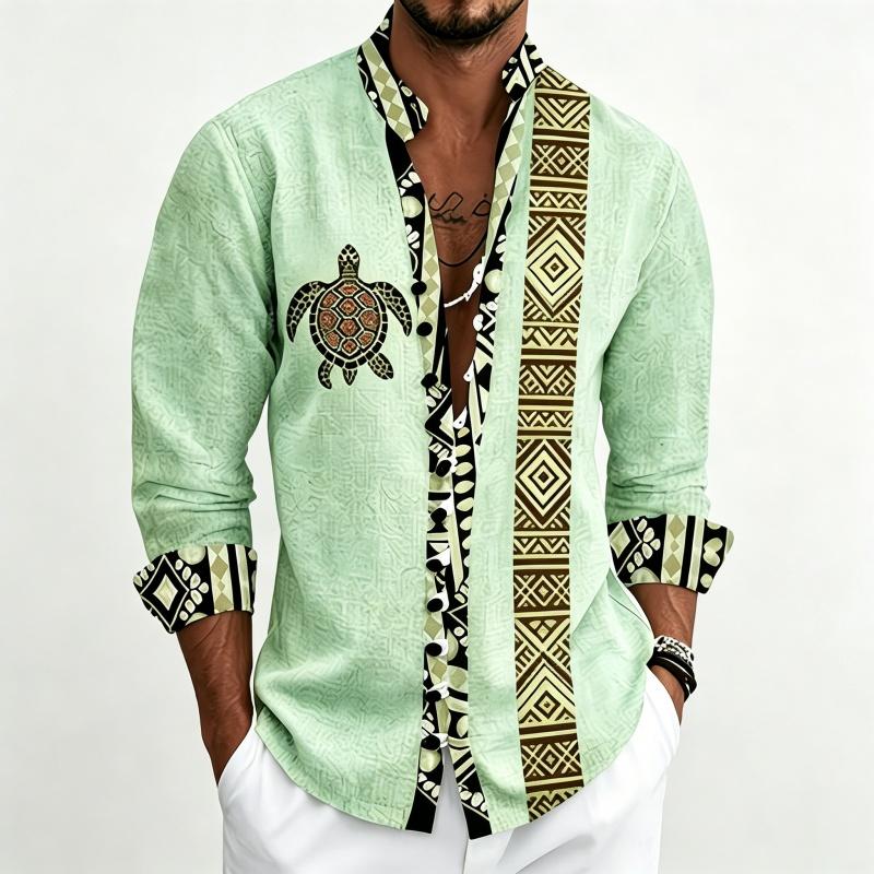 Men's Standing Collar Long Sleeved Shirt with Turtle Ethnic Geometric Pattern Printed Breathable Outdoor Casual Men's Top