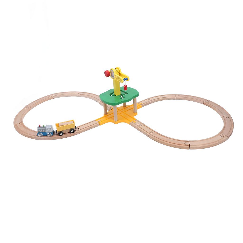 Tower Crane Wooden Train Track Set with Straight Curved Tracks Building Blocks Wooden Railway Set