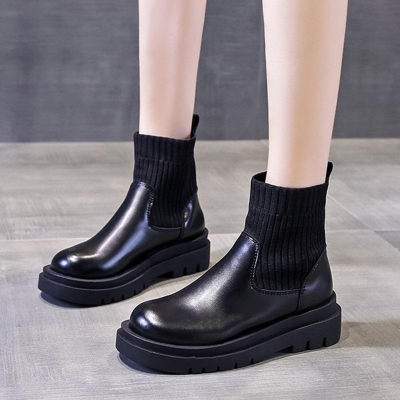 Botas cortas de boca de hilo para mujer, calcetines de punto para otoño e invierno, botas