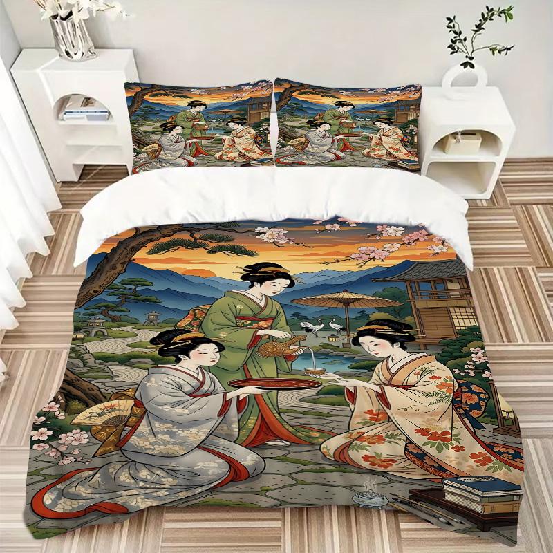 Geisha Women Traditional Attire Print 3Pcs Bedding Setduvet Cover With 2 Bedropillowcase Home Birthday Gift