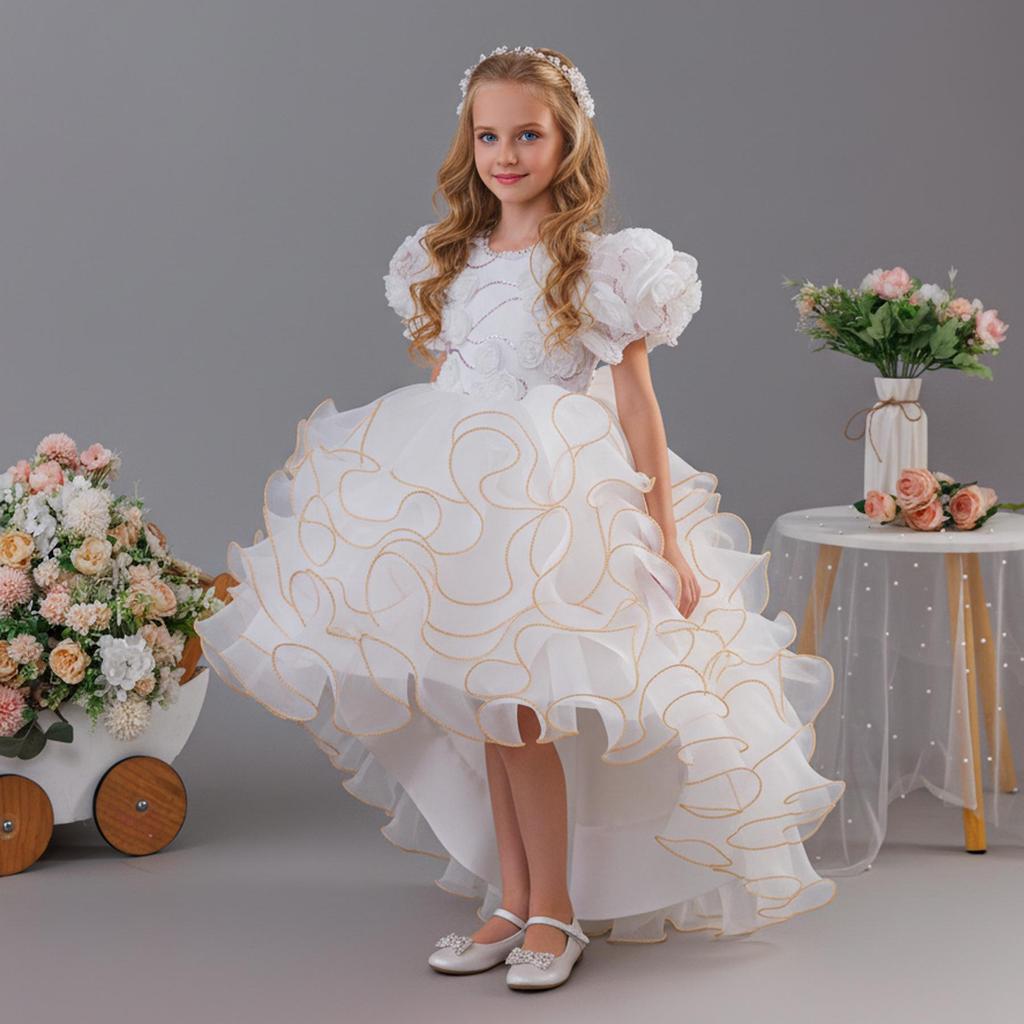 2025 New Children's Princess Dress with Rose 3D Appliques, Bow, and Cake Train