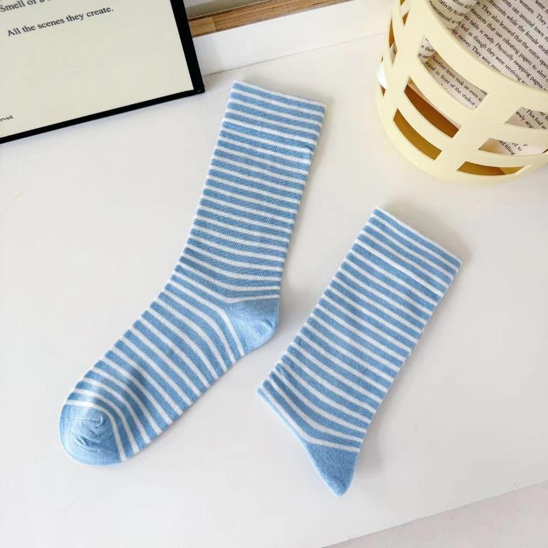 Striped Solid-color Postpartum Socks, Women's Mid-calf Socks, Spring and Autumn Trendy Versatile Cotton Socks, Loose-fitting Long Socks