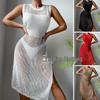 European & American Beach Vacation Sexy Solid Color Knit Split Sun Protection Maxi Dress