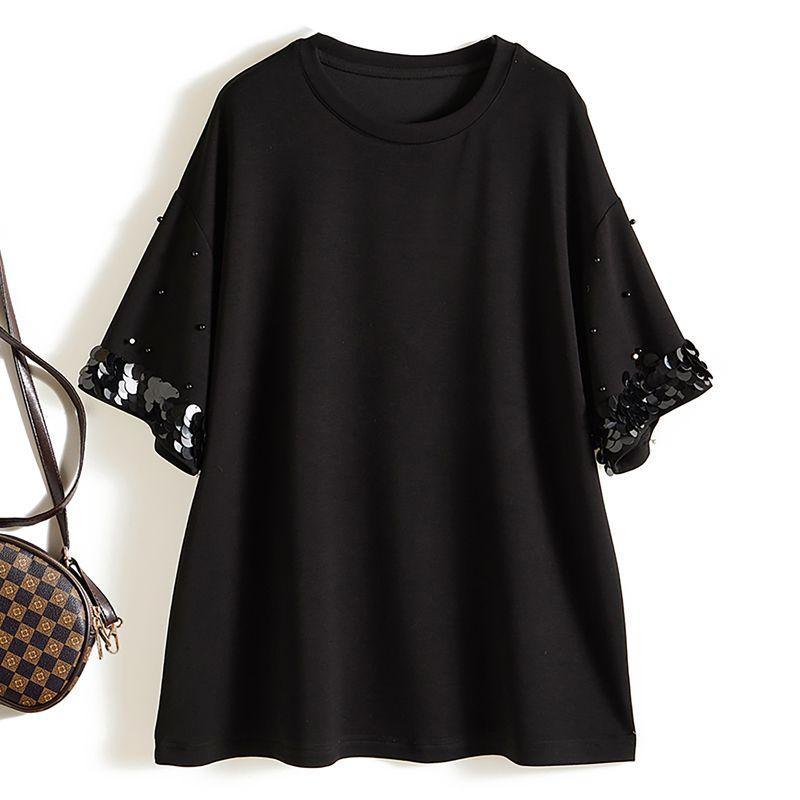 

Крупная светящаяся пайеточная вышивка! Элегантная женская футболка с круглым вырезом, из эластичного хлопка, свободного кроя, длинная, облегающая, инклюзивного размера, дышащая Black L