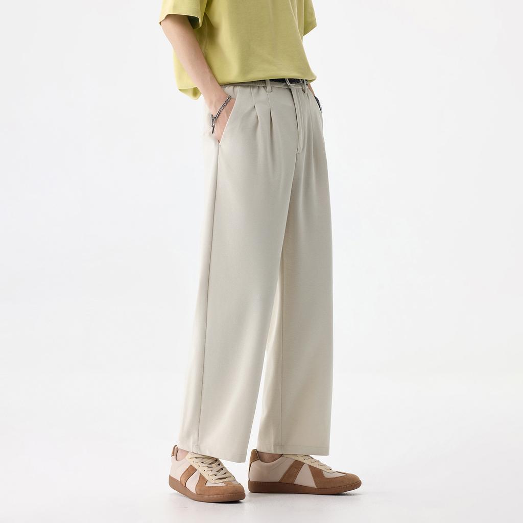Solid Color Simple Trendy Brand Loose Wide-leg Anti-wrinkle Drape Trousers Men's Trendy Versatile Casual Straight Nine-point Trousers