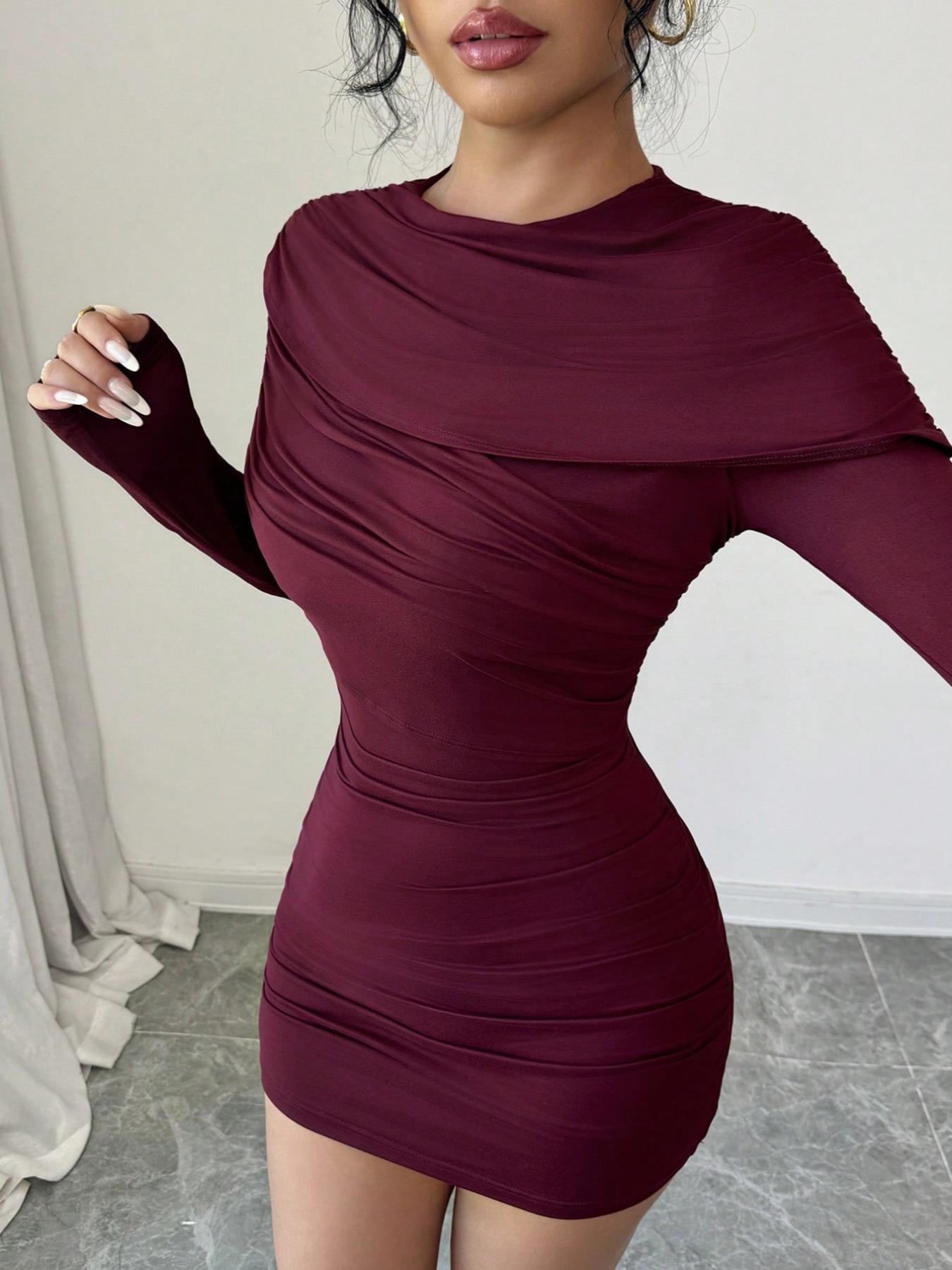 Elegant Slim Fit Bodycon Dress with Shawl - Women s Spring/Summer Fashion M вино красного