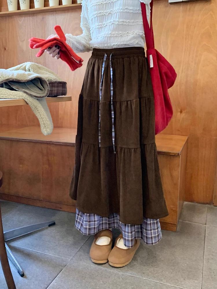 Japanese Retro Brown Plaid Double-Layer Cake Skirt for Women - Autumn/Winter Fake Two-Piece Design 