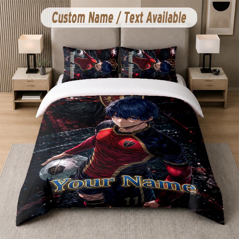 Blue Lock 3Pcs Bedding Set, Personalized Custom Name Text, 1 Duvet Cover & 2 Pillowcases For Bedroom