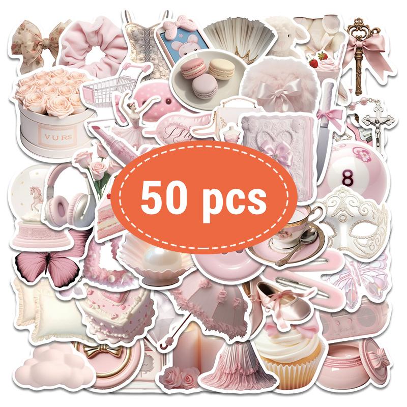 50Pcs Cute Pink Tender Style DIY Stickers Cute Coquette Girly Pink Stickers Pink Gentle Ballet Style Stickers Girls Kids Toys
