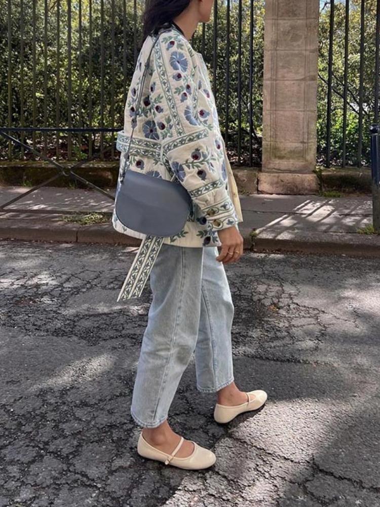 Elegant Women Cotton Jacket Floral Print Belted Coat Autumn Winter Fashion Long Sleeves Single Breasted O Neck Streetwear New Lady Outerwear