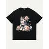 Women's Plus Size Round Neck Short Sleeve T-Shirt Cute Cat Floral Print Casual Home Street Fashion Top Black White