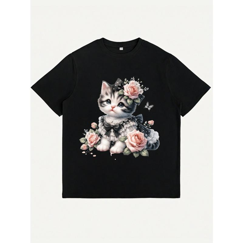 Women's Plus Size Round Neck Short Sleeve T-Shirt Cute Cat Floral Print Casual Home Street Fashion Top Black White