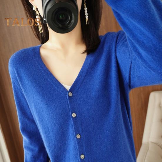 Frühlings-/Sommer-Strickjacke mit V-Ausschnitt, langen Ärmeln, gerippte Bündchen, Pullover, einfarbig, einreihig, dehnbare Strickmode