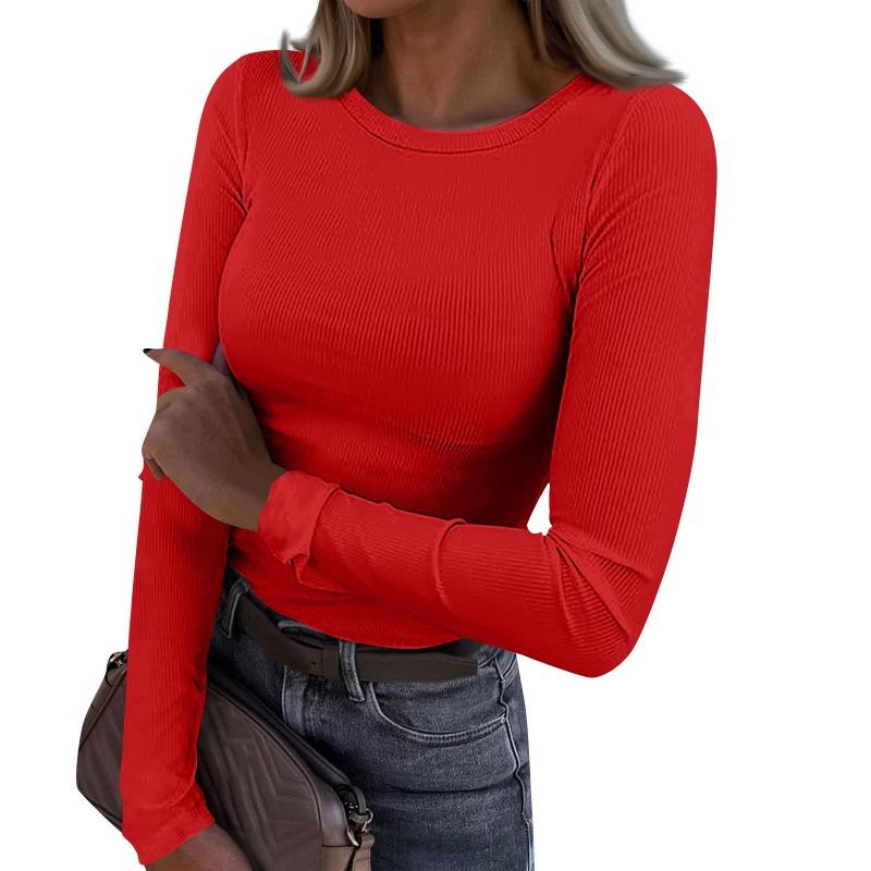 Women's Ribbed Knit Crew Neck Long Sleeve Form-Fitting Top