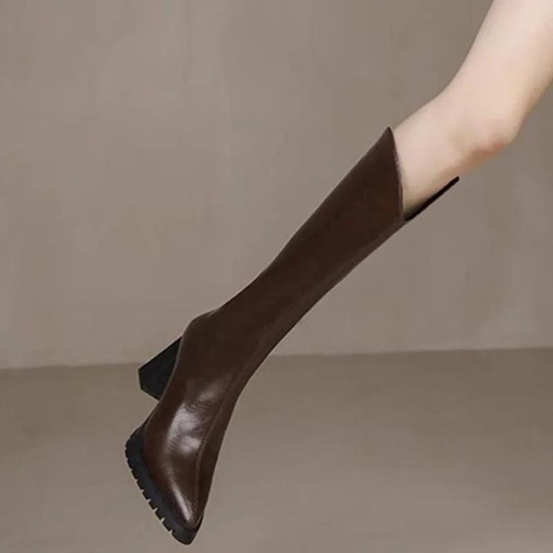 Vintage Autumn Winter Women Knee High Boots Fashion Pointed Toe Long Booties Designer High Heels Botas De Mujer high-quality