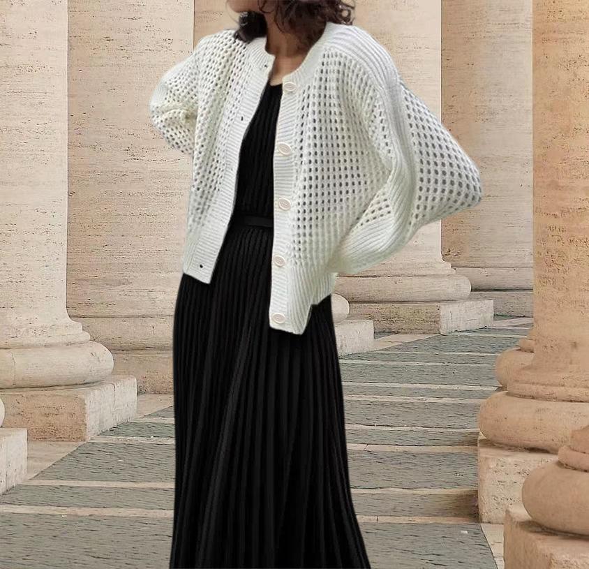 

Женский теплый вязаный свитер, кардиган с круглым вырезом, полый пуловер, джемпер с длинным рукавом, вязаный свитер на пуговицах, куртка, верхняя одежда XL