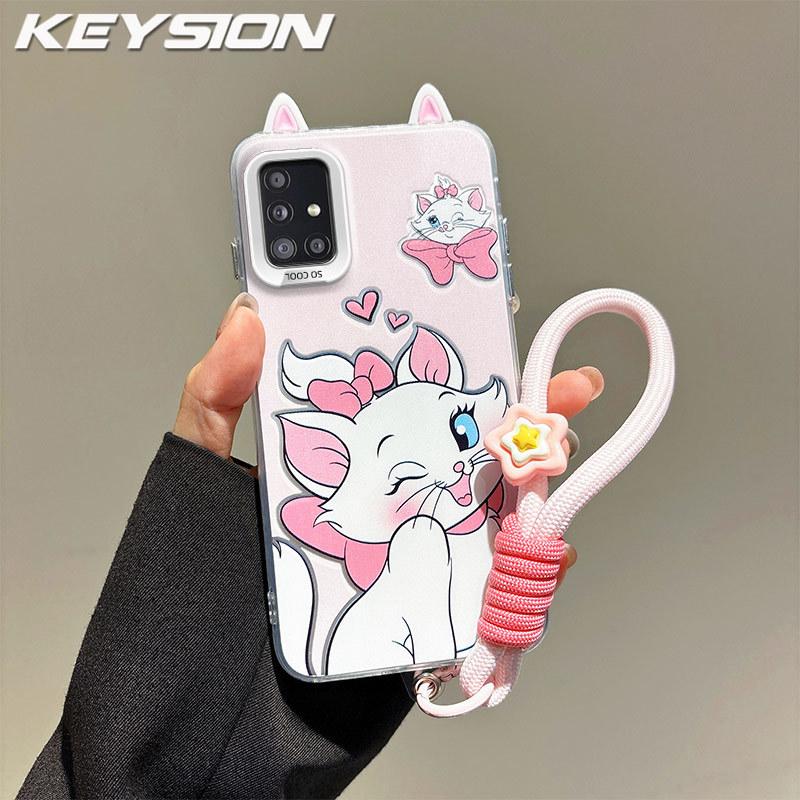 KEYSION Cute Ear Cartoon Case for Samsung A51 4G A31 with Lanyard Soft Silicone+PC Shockproof Phone Cover for Galaxy A31 A51 4G