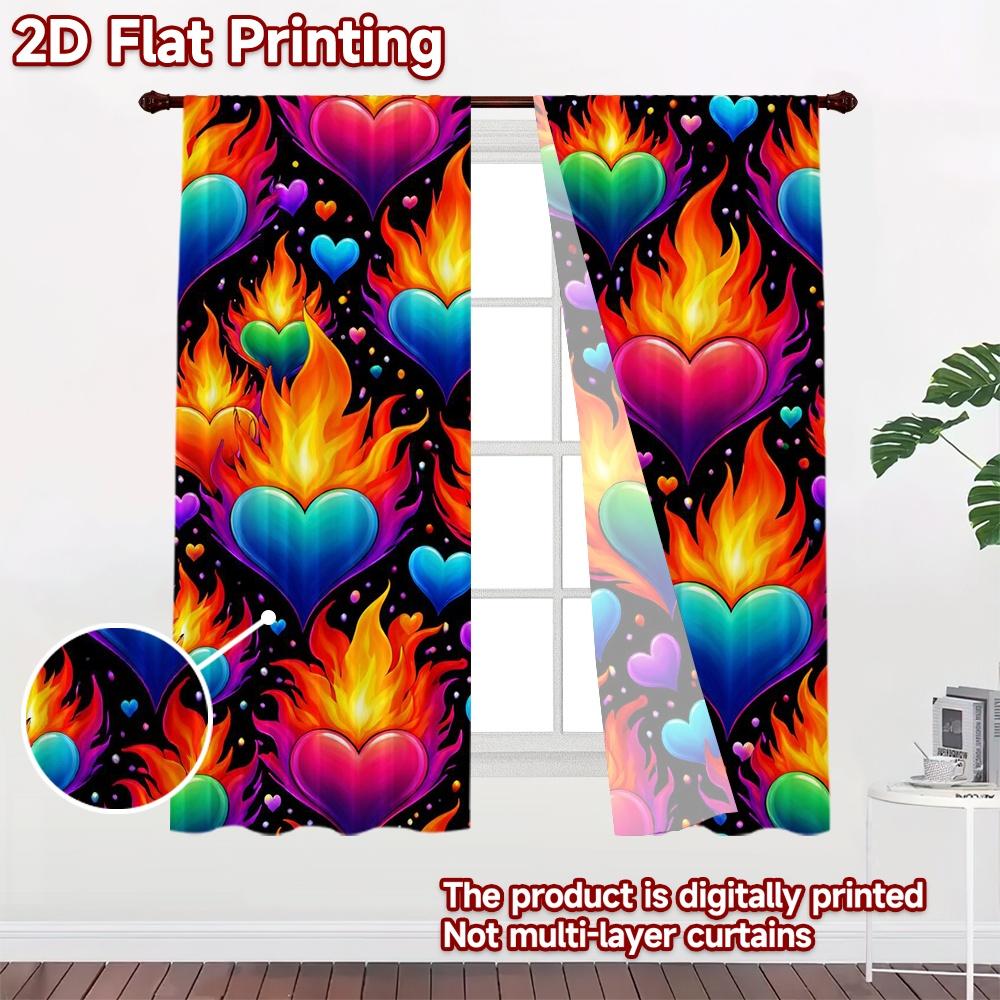 2D FLAT PRINTING 2pcs Curtains (Without Rod) Valentine's Day Flaming Hearts Print Chic Curtains Durable 100% Polyester Fabric