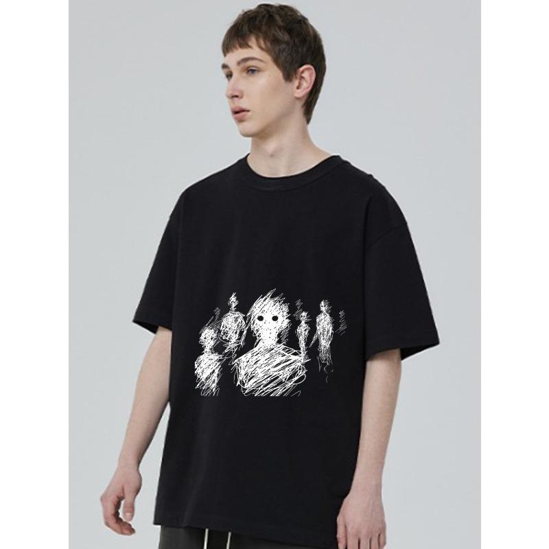 Black T Shirt with Abstract Human Figures Sketch Print for Casual Wear