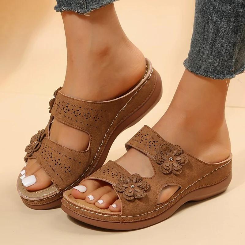 Fashion Flowers Platform Slippers for Women Summer Slip On Pu Leather Wedges Sandals Woman Comfort Non-Slip Beach Flip Flops